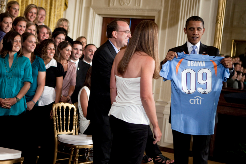 Sky Blue celebrates their 2009 WPS win at the White House in 2009.